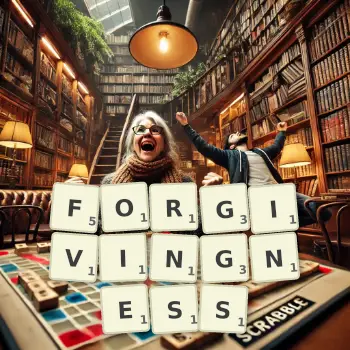 Creative illustration for a Scrabble game with the word FORGIVINGNESS spelled out in tiles on the board.