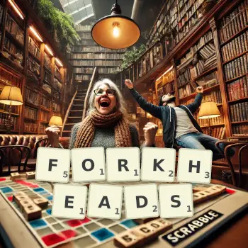 Creative illustration for a Scrabble game with the word FORKHEADS spelled out in tiles on the board.