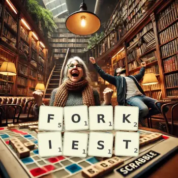 Creative illustration for a Scrabble game with the word FORKIEST spelled out in tiles on the board.