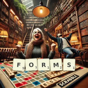 Creative illustration for a Scrabble game with the word FORMS spelled out in tiles on the board.