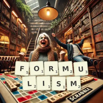 Creative illustration for a Scrabble game with the word FORMULISM spelled out in tiles on the board.
