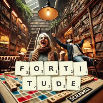 Creative illustration for a Scrabble game with the word FORTITUDE spelled out in tiles on the board.