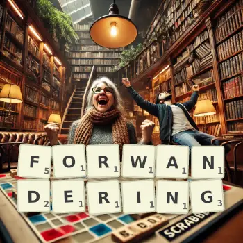 Creative illustration for a Scrabble game with the word FORWANDERING spelled out in tiles on the board.