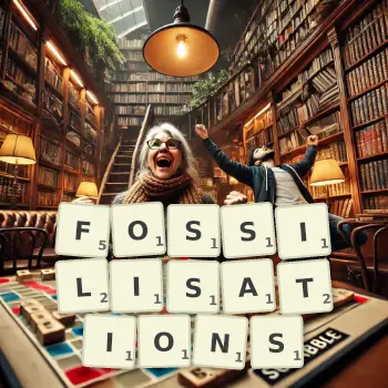 Creative illustration for a Scrabble game with the word FOSSILISATIONS spelled out in tiles on the board.