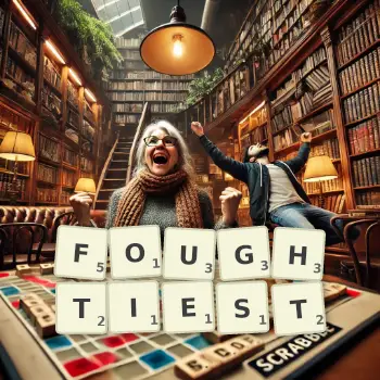 Creative illustration for a Scrabble game with the word FOUGHTIEST spelled out in tiles on the board.