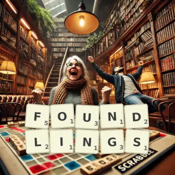 Creative illustration for a Scrabble game with the word FOUNDLINGS spelled out in tiles on the board.