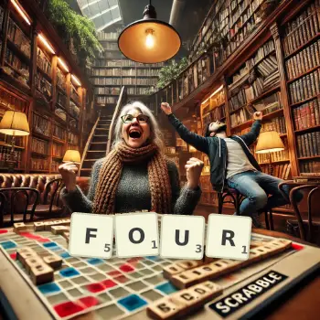Creative illustration for a Scrabble game with the word FOUR spelled out in tiles on the board.