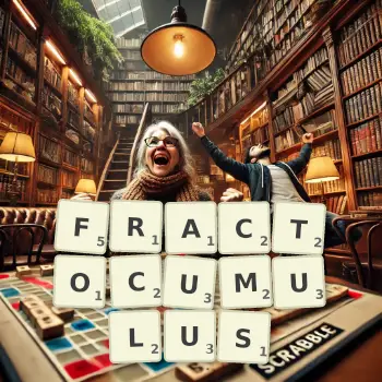 Creative illustration for a Scrabble game with the word FRACTOCUMULUS spelled out in tiles on the board.