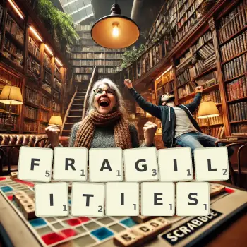 Creative illustration for a Scrabble game with the word FRAGILITIES spelled out in tiles on the board.