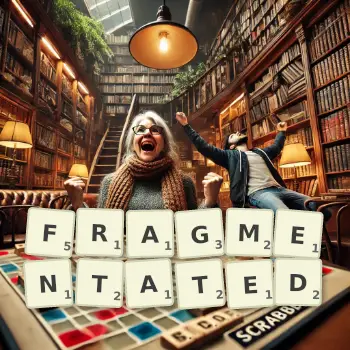 Creative illustration for a Scrabble game with the word FRAGMENTATED spelled out in tiles on the board.