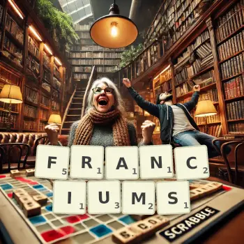 Creative illustration for a Scrabble game with the word FRANCIUMS spelled out in tiles on the board.