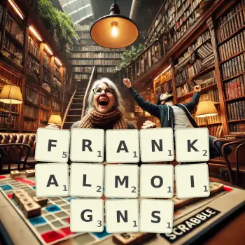 Creative illustration for a Scrabble game with the word FRANKALMOIGNS spelled out in tiles on the board.