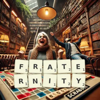 Creative illustration for a Scrabble game with the word FRATERNITY spelled out in tiles on the board.
