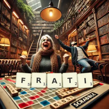 Creative illustration for a Scrabble game with the word FRATI spelled out in tiles on the board.