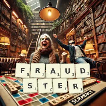 Creative illustration for a Scrabble game with the word FRAUDSTER spelled out in tiles on the board.