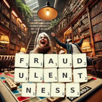 Creative illustration for a Scrabble game with the word FRAUDULENTNESS spelled out in tiles on the board.