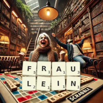Creative illustration for a Scrabble game with the word FRAULEIN spelled out in tiles on the board.