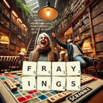 Creative illustration for a Scrabble game with the word FRAYINGS spelled out in tiles on the board.