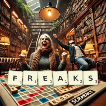 Creative illustration for a Scrabble game with the word FREAKS spelled out in tiles on the board.