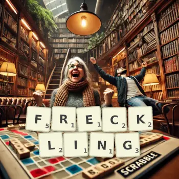 Creative illustration for a Scrabble game with the word FRECKLING spelled out in tiles on the board.