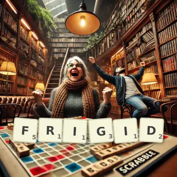 Creative illustration for a Scrabble game with the word FRIGID spelled out in tiles on the board.