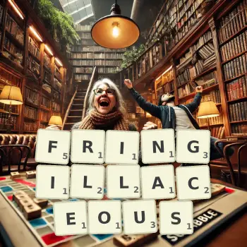 Creative illustration for a Scrabble game with the word FRINGILLACEOUS spelled out in tiles on the board.