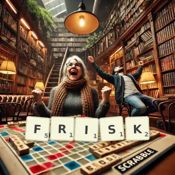 Creative illustration for a Scrabble game with the word FRISK spelled out in tiles on the board.