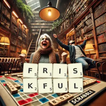 Creative illustration for a Scrabble game with the word FRISKFUL spelled out in tiles on the board.
