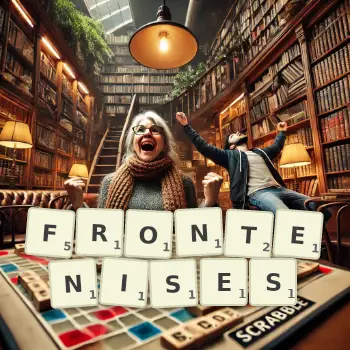 Creative illustration for a Scrabble game with the word FRONTENISES spelled out in tiles on the board.