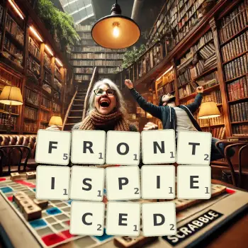 Creative illustration for a Scrabble game with the word FRONTISPIECED spelled out in tiles on the board.