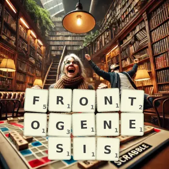 Creative illustration for a Scrabble game with the word FRONTOGENESIS spelled out in tiles on the board.