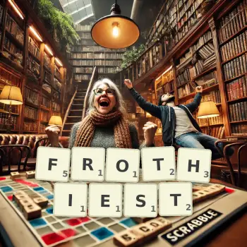 Creative illustration for a Scrabble game with the word FROTHIEST spelled out in tiles on the board.