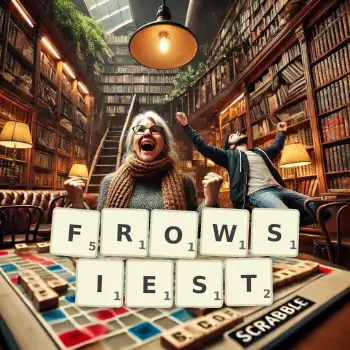 Creative illustration for a Scrabble game with the word FROWSIEST spelled out in tiles on the board.