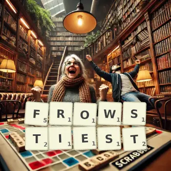 Creative illustration for a Scrabble game with the word FROWSTIEST spelled out in tiles on the board.
