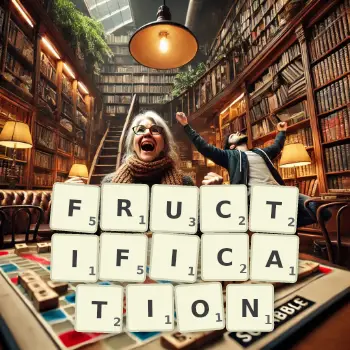 Creative illustration for a Scrabble game with the word FRUCTIFICATION spelled out in tiles on the board.