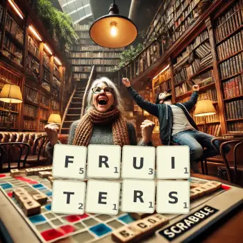 Creative illustration for a Scrabble game with the word FRUITERS spelled out in tiles on the board.