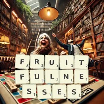 Creative illustration for a Scrabble game with the word FRUITFULNESSES spelled out in tiles on the board.
