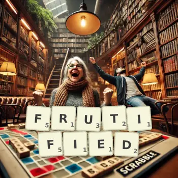 Creative illustration for a Scrabble game with the word FRUTIFIED spelled out in tiles on the board.