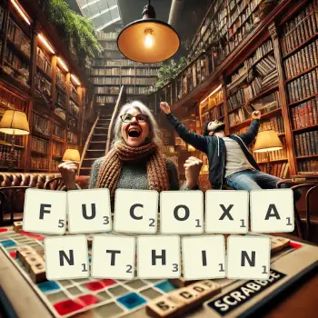 Creative illustration for a Scrabble game with the word FUCOXANTHIN spelled out in tiles on the board.