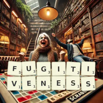 Creative illustration for a Scrabble game with the word FUGITIVENESS spelled out in tiles on the board.