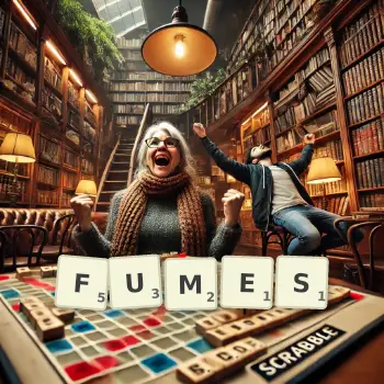 Creative illustration for a Scrabble game with the word FUMES spelled out in tiles on the board.