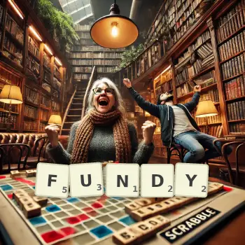 Creative illustration for a Scrabble game with the word FUNDY spelled out in tiles on the board.
