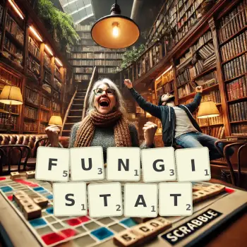Creative illustration for a Scrabble game with the word FUNGISTAT spelled out in tiles on the board.