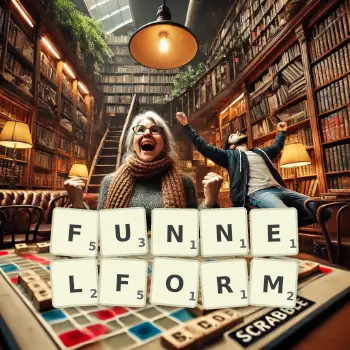 Creative illustration for a Scrabble game with the word FUNNELFORM spelled out in tiles on the board.