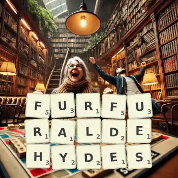 Creative illustration for a Scrabble game with the word FURFURALDEHYDES spelled out in tiles on the board.