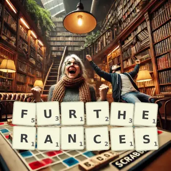 Creative illustration for a Scrabble game with the word FURTHERANCES spelled out in tiles on the board.