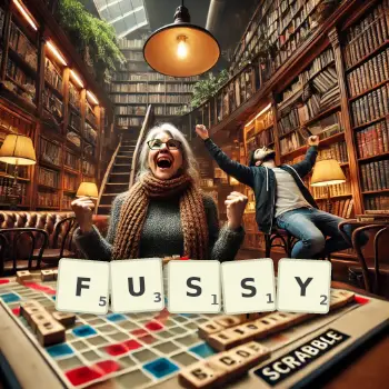 Creative illustration for a Scrabble game with the word FUSSY spelled out in tiles on the board.