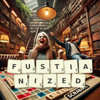 Creative illustration for a Scrabble game with the word FUSTIANIZED spelled out in tiles on the board.