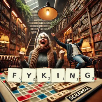 Creative illustration for a Scrabble game with the word FYKING spelled out in tiles on the board.