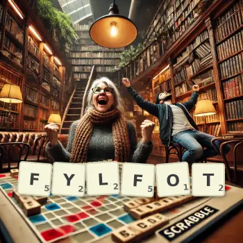 Creative illustration for a Scrabble game with the word FYLFOT spelled out in tiles on the board.